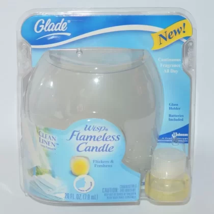 1 Glade Clean Linen Wisp Flameless Candle Starter KIT Glass Holder Flicker Glow