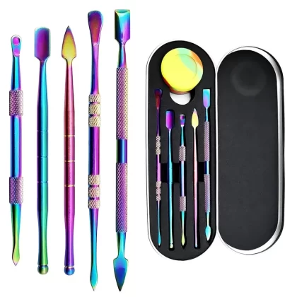 6 Pcs Wax Dabber Tool Set with 5 ml Silicone Container and Portable Metal Case Rainbow Color